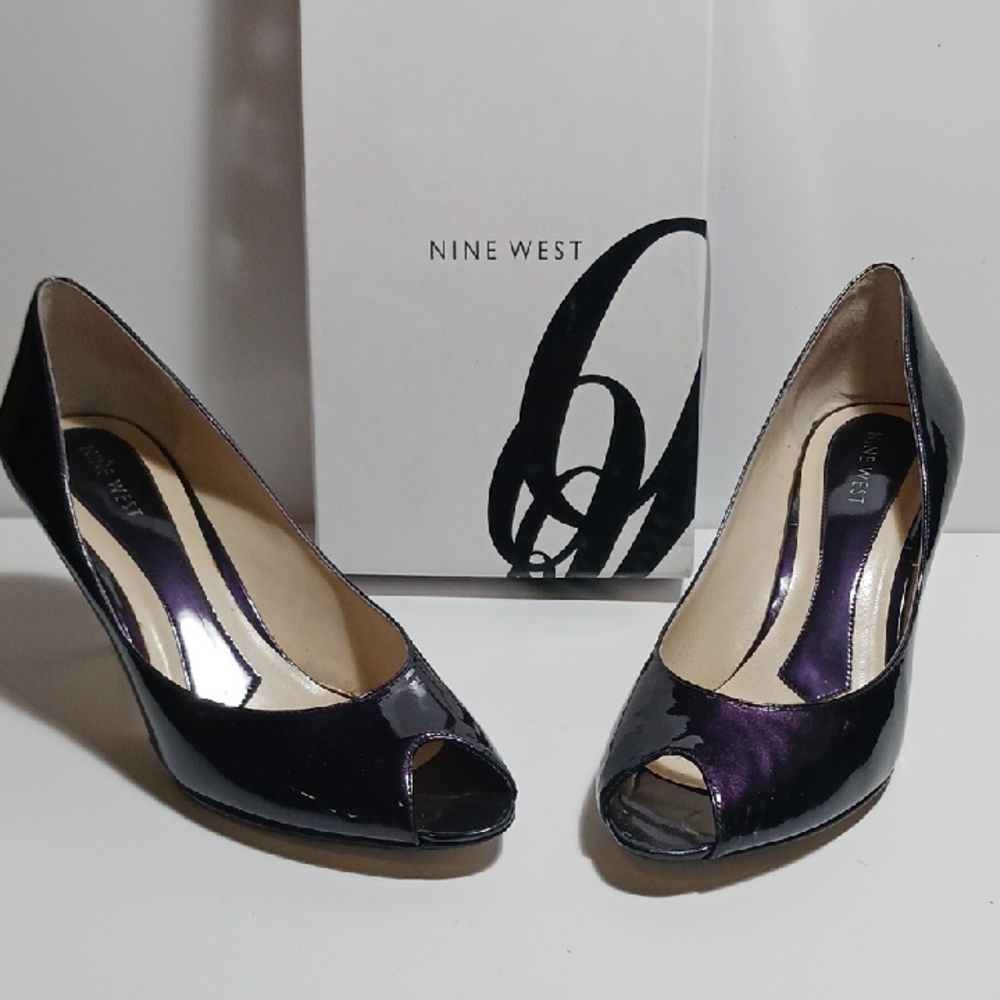 Nine West Deep Purple Patent Leather Peep Toe Heels Sz 7.5 W/Orig Box